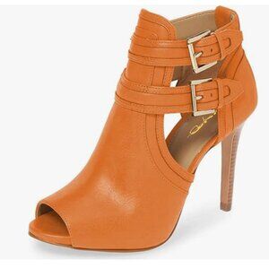 XYD Dark Orange Peep Toe High Heels Buckled Double Straps Cutout Ankle Bootie